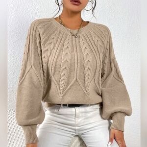 NEW Chic Textured Fair Isle Look Cable Knit Sweater Top Bishop Sleeve Beige